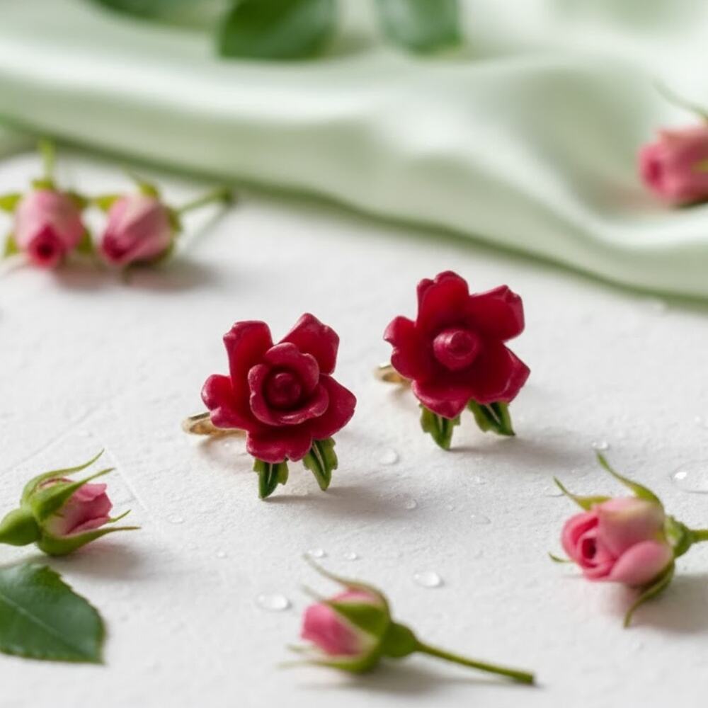 Vintage Trifari Rose Clip On Earrings Red
